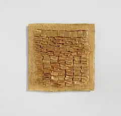 Olga De Amaral, "Vestigio 47," 1997, Gold leaf, gesso, woven colored natural fibers mounted on board