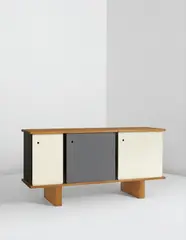 Sideboard by Charlotte Perriand, circa 1960, Oak, plastic laminated particle board, painted bent sheet steel, plastic, sold Dec 2013