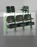 Jean Prouvé, Row of three lecture theatre chairs with adjustable seats, designed for the Faculté de Lettres, Université de Besançon, 1952-1956, Painted bent steel, painted tubular steel, oak, vinyl