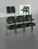 Jean Prouvé, Row of two lecture theatre chairs with adjustable seats, designed for the Faculté de Lettres, Université de Besançon, 1952-1956, Painted bent steel, painted tubular steel, oak, vinyl