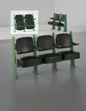 Jean Prouvé, Row of two lecture theatre chairs with adjustable seats, designed for the Faculté de Lettres, Université de Besançon, 1952-1956, Painted bent steel, painted tubular steel, oak, vinyl