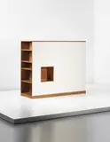 Rare wardrobe and room divider, designed for the student rooms of the Maison du Brésil, Cité Internationale Universitaire de Paris by Le Corbusier and Charlotte Perriand, 1957-1959, Oak, painted oak-veneered wood, plastic, painted metal, offered Dec 2013