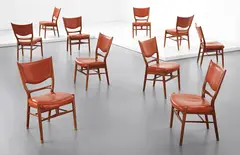 Rare set of ten dining chairs by Finn Juhl, circa 1947, Teak, vinyl, brass, sold Dec 2013
