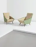 Gio Ponti, Pair of "Distex" armchairs, 1950s, Vinyl, stained wood, bronze