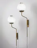 Luigi Caccia Dominioni, Pair of large adjustable wall lights, model no. LP11, circa 1958, Opaque glass, tubular brass, brass