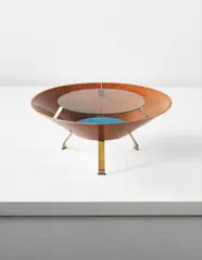 Coffee table by Gianfranco Frattini, 1956, Stained curved veneered plywood, brass, glass, fabric, sold Dec 2013