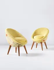 Jean Royere, Pair of high "Œuf" chairs, circa 1953, Printed fabric, fabric, teak