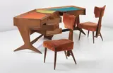 Ico Parisi, Unique desk and two chairs, circa 1959, Desk: walnut, paper, glass, rubber; chairs: fabric, walnut