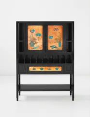 Important display cabinet by Christopher Dresser, circa 1880, Ebonized wood, copper with inset cloisonné enamel, sold Dec 2013