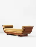 Émile-Jacques Ruhlmann, "Gondole" daybed, circa 1925, Rosewood-veneered oak, fabric