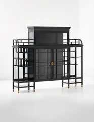 Edward William Godwin, Display cabinet, circa 1872-1875, Ebonized wood, clear glass, brass