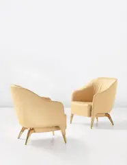 Important armchairs, model no. 593 by Gio Ponti, circa 1950, Fabric, oak, brass, sold Dec 2013