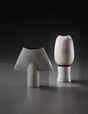 Ovoid volume on a cylindrical foot by Hans Coper, 1975, Stoneware, layered white porcelain slips and engobes over a textured body, the interior with manganese glaze, sold Dec 2013