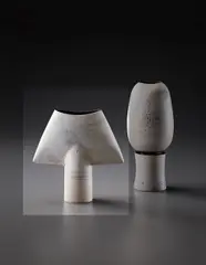 Hans Coper, Small "Spade" form, circa 1972, Stoneware, layered white porcelain slips and engobes over a body with textured and incised linear designs, the interior with manganese glaze