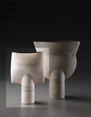 Hans Coper, "Spade" form, circa 1973, Stoneware, layered white porcelain slips and engobes over a body with textured and incised linear designs, the interior with manganese glaze