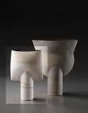 Hans Coper, "Spade" form, circa 1973, Stoneware, layered white porcelain slips and engobes over a body with textured and incised linear designs, the interior with manganese glaze