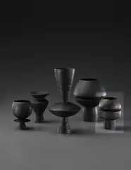 "Digswell" composite form with disc by Hans Coper, circa 1960, Stoneware, black glaze, sold Dec 2013
