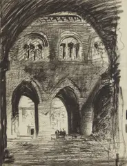 Louis Kahn, "Cortile of 'Il Gotico' (Palazzo Communale), Piacenza," 1928-1929, Pencil, graphite and ink on paper