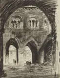 Louis Kahn, "Cortile of 'Il Gotico' (Palazzo Communale), Piacenza," 1928-1929, Pencil, graphite and ink on paper