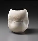 Pot with four indents and central stem holder by Hans Coper, circa 1972, Stoneware, layered white porcelain slips and engobes over a body with textured and incised linear designs, the interior , sold Dec 2013