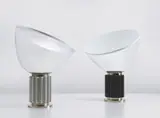 Achille Castiglioni and Pier Giacomo Castiglioni, Two “Taccia” table lamps, designed 1962, Enameled spun aluminum, polished spun aluminum, lacquered metal, clear blown glass