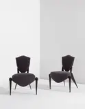 André Dubreuil, Pair of "Trévise" chairs, circa 1988, Painted cast aluminum, mohair