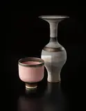 Small straight-sided bowl by Lucie Rie, circa 1978, Porcelain, inlaid pink lines, turquoise and golden manganese bands, sold Dec 2013