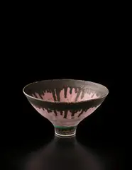 Conical bowl by Lucie Rie, circa 1980, Porcelain, inlaid pink lines, turquoise and manganese bands, sold Dec 2013