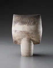 Hans Coper, Large "Spade" form, 1967, Stoneware, layered white porcelain slips and engobes over a body with textured and incised linear designs, the interior with manganese glaze
