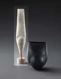 Hans Coper, Tall "Cycladic" form, 1967, Stoneware, layered white porcelain slips and engobes over a body with textured and incised linear designs, the interior with manganese glaze