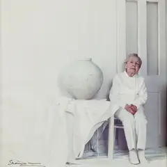 Lord Snowdon, Dame Lucie Rie Seated Beside the Korean Pot, circa 1990, Color photograph