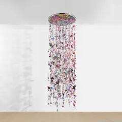 Mika Ninagawa, Gathered Silence, Blossoming Light, 2026, unique suspended sculpture, comprising a circular aluminium canopy lined with an archival pigment print, acrylic-mounted within a stainless-steel rim, and 82 hand-assembled strands with multicoloured glass, crystals, metal components and handmade resin objects, incorporating beads, glitter, fabric and embedded glass