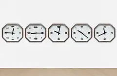 A-Z Time Trials by Andrea Zittel, 1999, clocks, electronic controls and metal frames, in 5 parts, offered Apr 2026