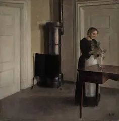 Vilhelm Hammershøi, Interior of Woman Placing Branches in Vase on Table (Interiør med kvinde, der stiller grene i et glas, Strandgade 30), 1900, oil on canvas
