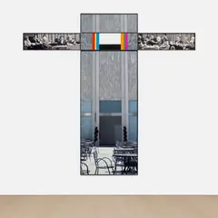 John Baldessari, The Intersection Series: Large Group of Persons Meeting/Public Building, 2002, 5 digital photographic prints (1 with acrylic), on foam PVC board, in artist's frames