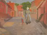 Anna Ancher, A Street in Bornholm with a Mother Walking with Her Children (En gade på Bornholm med en mor, der går med sine børn), 1915, oil on canvas