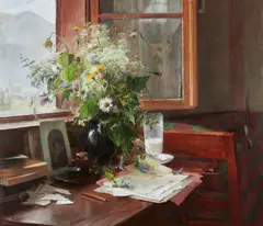 Bertha Wegmann, Interior with a Bunch of Wildflowers, Tyrol (Interiør med en markbuket, Tyrol), 1882, oil on canvas