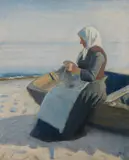Michael Ancher, Fisherman's Wife Knitting on Skagen Beach (Strikkende fiskerkone på stranden), 1920, oil on canvas