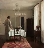 Carl Holsøe, Artist's Wife Setting Table (Kunstnerens hustru dækker bordet), oil on canvas