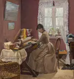 Laurits Andersen Ring, Johanne Wilde at Her Loom (Johanne Wilde ved væven i en stue i Hornbæk), 1889, oil on canvas