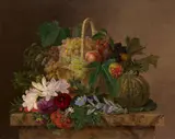 Johan Laurentz Jensen, Basket of Flowers and Fruits (Opstilling med druer, ferskner, figner, vindruer og granatæbler i en kurv på marmorplade, hvorpå georginer, liljer og snerler), 1833, oil on canvas