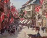 Otto Bache, Flag Day in Copenhagen on a Summer Day, in Vimmelskaftet (Der flages, sommerdag i Vimmelskaftet), oil on canvas
