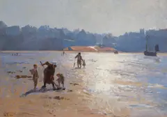 Laurits Tuxen, Collecting Mussels at Low Tide at Le Portel, France, 1888 (Muslingesamlere ved ebbe i Le Portel, Frankrig. 1888), 1888, oil on canvas laid down on board