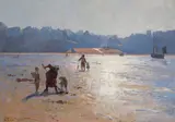 Laurits Tuxen, Collecting Mussels at Low Tide at Le Portel, France, 1888 (Muslingesamlere ved ebbe i Le Portel, Frankrig. 1888), 1888, oil on canvas laid down on board