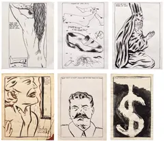 Raymond Pettibon, Six works: (i) That was what got me kicked out of Santa Cruz ; (ii) Undergo-Lysurgery ; (iii) Less of me - more of god ; (iv) Sweet rapture ; (v) Untitled (Your face is more familiar to me than my own) ; (vi) There is an absolute economy of symbol, 1985, (i-iii) pen on paper (iv-v) ink and pen on paper (vi) ink on paper