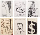 Raymond Pettibon, Six works: (i) That was what got me kicked out of Santa Cruz ; (ii) Undergo-Lysurgery ; (iii) Less of me - more of god ; (iv) Sweet rapture ; (v) Untitled (Your face is more familiar to me than my own) ; (vi) There is an absolute economy of symbol, 1985, (i-iii) pen on paper (iv-v) ink and pen on paper (vi) ink on paper