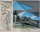 Christo, The Umbrellas (Project for Japan and Western USA), 1987, graphite, charcoal, pastel, wax crayon, enamel and map collage on paper laid down on board, in Plexiglas box, in 2 parts
