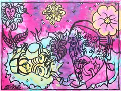 Robert Combas, Devant le centreur soleil universel de lumière. Tête de tatoué et attacheur de la Nouée qui aime se faire lier en présence de ses escarpins pointus et du cœur plante grasse guerroyeur de planerie., 2011, acrylic on fabric