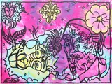 Robert Combas, Devant le centreur soleil universel de lumière. Tête de tatoué et attacheur de la Nouée qui aime se faire lier en présence de ses escarpins pointus et du cœur plante grasse guerroyeur de planerie., 2011, acrylic on fabric