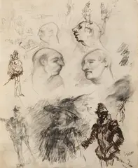 James Ensor, Faces and knights, 1880-1886, graphite, chalk and ink on paper